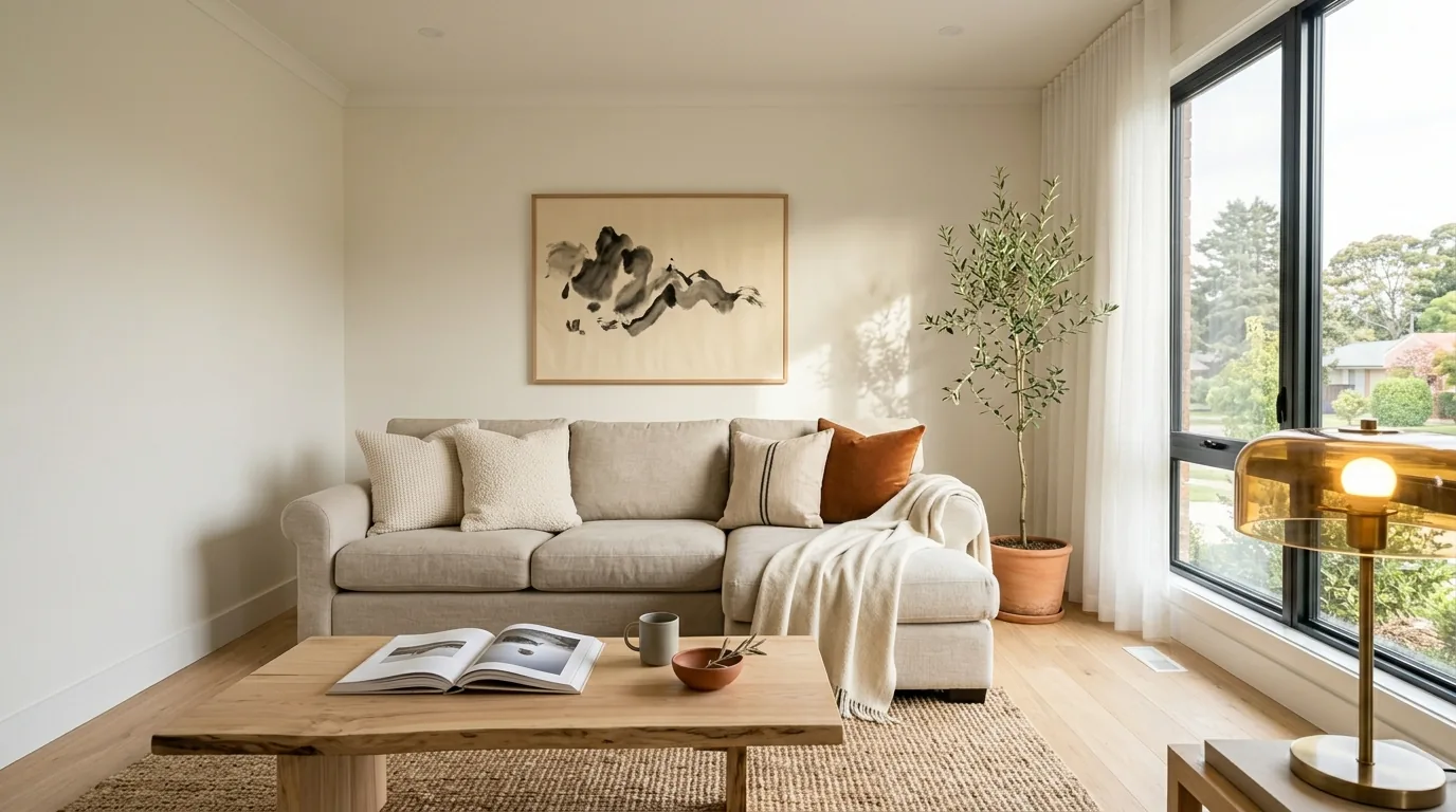 An empty living room virtually staged with furniture